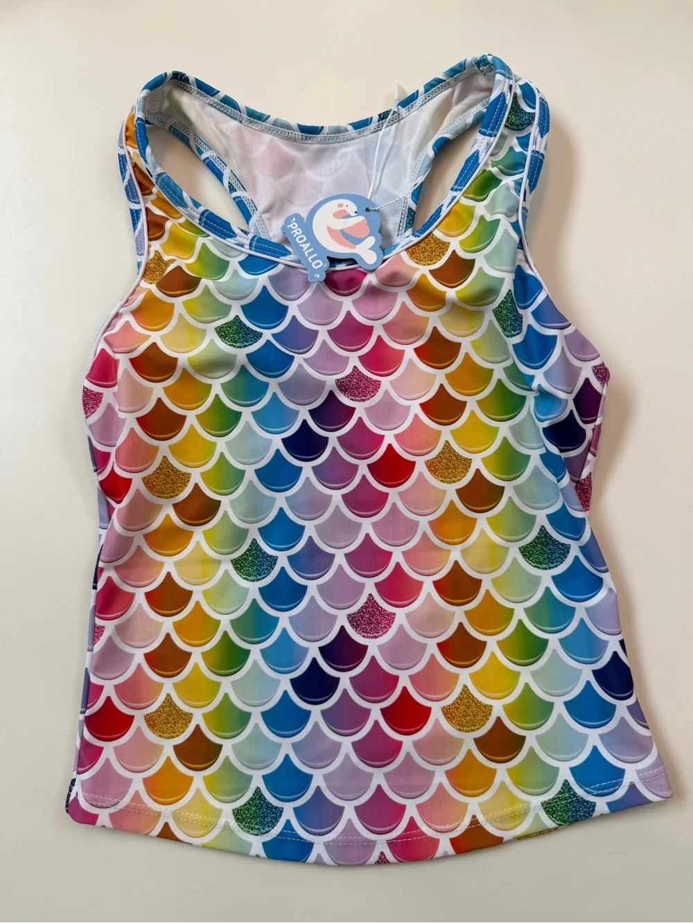 Girls Rainbow Mermaid Scale One-Piece Swimsuit with Pink Trim